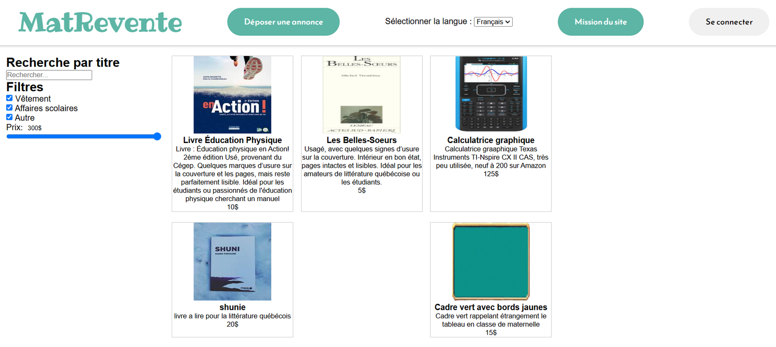 Page d'accueil de MatRevente