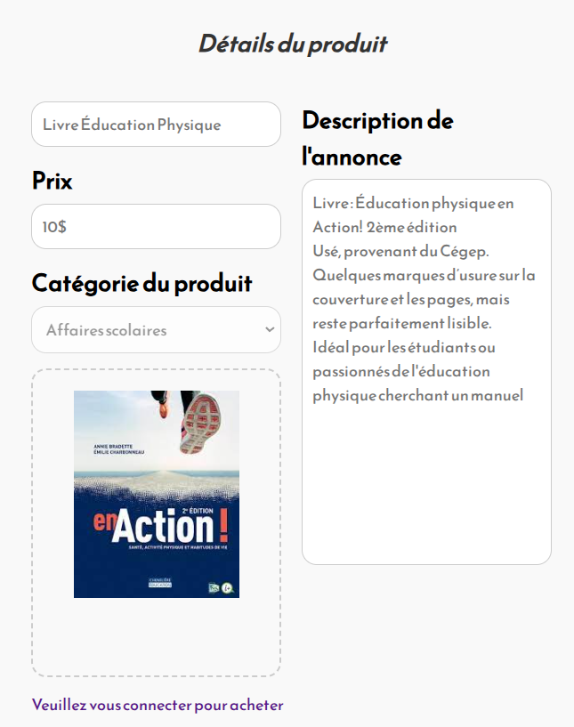 Page de détail d'une annonce