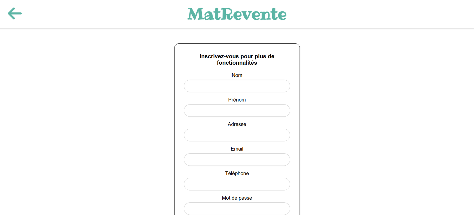 Page d'inscription de MatRevente
