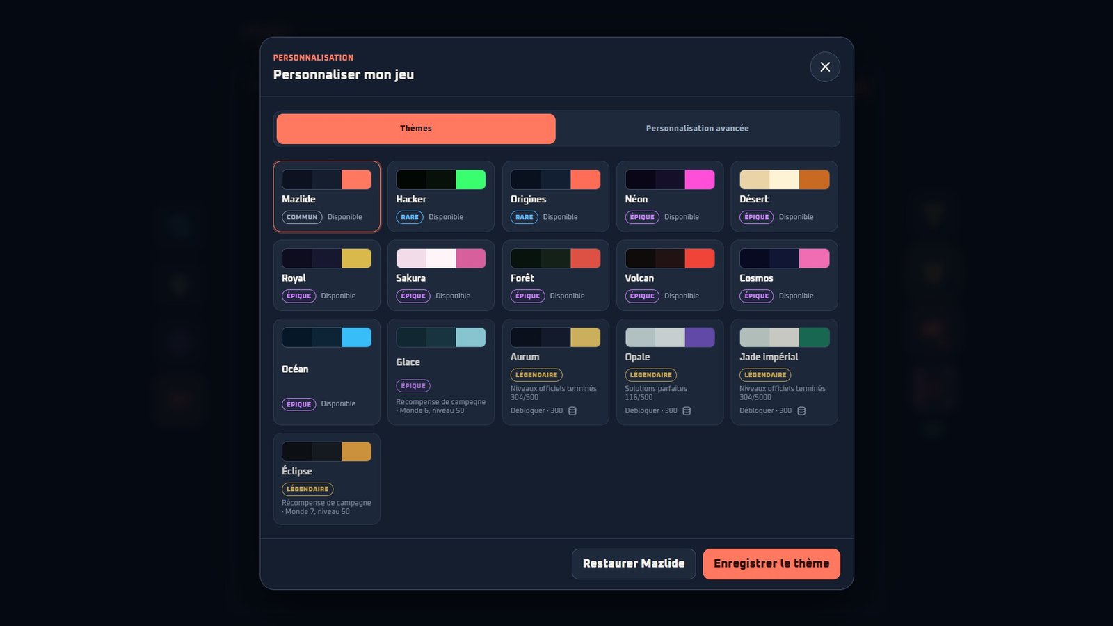 Choix des thèmes visuels de Mazlide