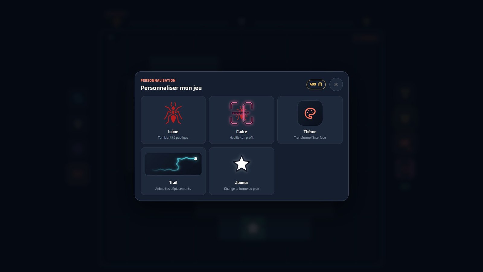 Menu de personnalisation de Mazlide