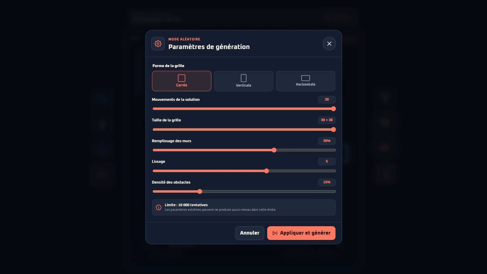 Réglages de génération aléatoire des niveaux